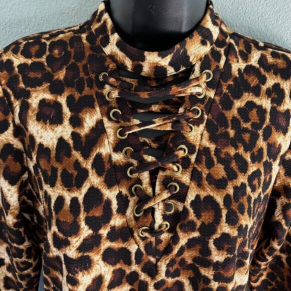 New York & Company Leopard Print Lace Front Dress Womens Size Medium 3/4 Sleeve - Picture 3 of 7